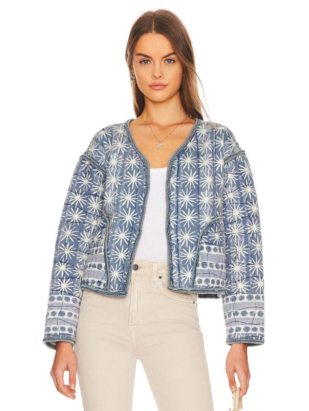 NWT Free People Kara Quilted Cardi Jacket in Pacific Combo Open Front S